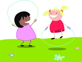 two girls girlfriends jumping rope on the grass
