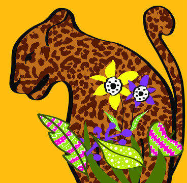 Abstract Hand Drawing Cheetah with FLowers and Leaves Tropical Vector Pattern Isolated Background