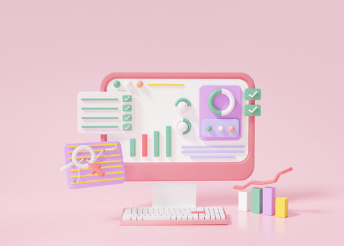 Minimal style Search Engine Optimization or SEO marketing concept. growth web analytics click search via keyword information computer on pink pastel background. 3D rendering illustration