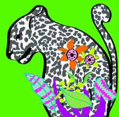 Abstract Hand Drawing Cheetah with FLowers and Leaves Tropical Vector Pattern Isolated Background