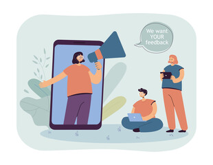 Woman with loudspeaker on mobile screen asking for feedback. Girls leaving review on website using tablet and laptop flat vector illustration. Survey, rating, comments concept