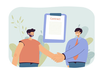 Men signing contract vector illustration. Two smiling businessmen shaking hands with contract on background. Business concept for banner, website design, landing web page