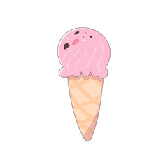 Ice cream cone with pink icing and sprinkles on top, isolated on a white background.Icon of a sweet cold dessert in an on-trend cartoon style with a subtle outline. Vector illustration.