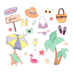 Summer set with isolated items. Collection with clothes, vegetation, accessories, drinks, camera, umbrella and lounger. Vector illustration in cartoon trendy style with outline