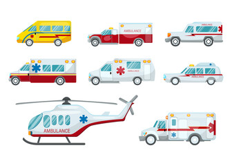 Ambulance vehicles vector illustration set. Medical cars on white background. Paramedical first aid. Support, transport, fast rescue team concept.