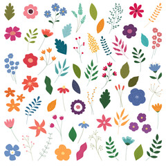 A set of colorful bright flowers and plants. Suitable for decorating postcards, logos, invitations, business cards. Vector illustration.