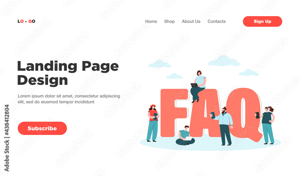 Poster faq flat vector illustration. tiny users near giant letters asking questions and getting answers, in
