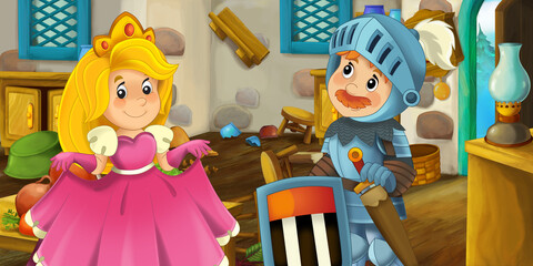 Obraz na płótnie Canvas cartoon farm house ranch kitchen with knight princess