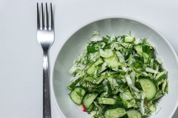 Diet salad of cucumbers and cabbage. Healthy diet. Vegetarian food