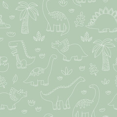 Cute dinosaur seamless pattern. Green and white outlines in cartoon style.