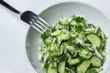 Diet salad of cucumbers and cabbage. Healthy diet. Vegetarian food