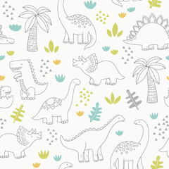 Cute dinosaur seamless pattern. Vector background in scandinavian style. © mgdrachal