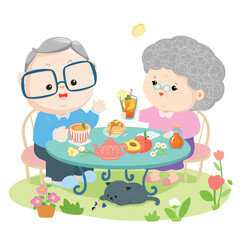 Cute elderly couple drink tea peach together in the backyard with their cat . Vector illustration. Cartoon character gray hair smiling sitting in the garden . White background, easy to use.
