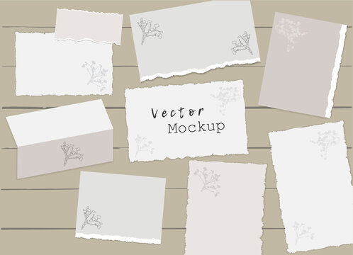 Set of paper with ragged edges and booklet with flowers on wooden background. Mood board mockup. Floral Blank template for wedding invitation, note paper, branding, menu, rsvp. Different shapes. EPS10
