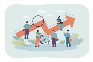 Cartoon office people with up arrow. Team advertising business technology, performance boost flat vector illustration. Teamwork, startup concept for banner, website design or landing web page