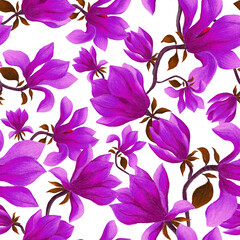 Watercolor seamless pattern with magnolia flowers. Beautiful floral print for any purposes. Spring or summer romantic background.	