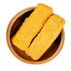 Vegan fishless fingers, ready to fry, in a wooden bowl. Fishless sticks, based on soy protein, breaded and crispy coated, pre-fried and cooked. Close-up, from above, isolated, over white, food photo.