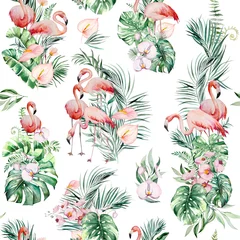 Behang Tropische print Aquarel roze flamingo, tropische bladeren en bloemen frame geïsoleerde illustratie