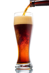 glass with foamy dark beer on white background isolated