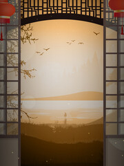 A room with a traditional Japanese sliding door. Horizontal banner. Vector illustration