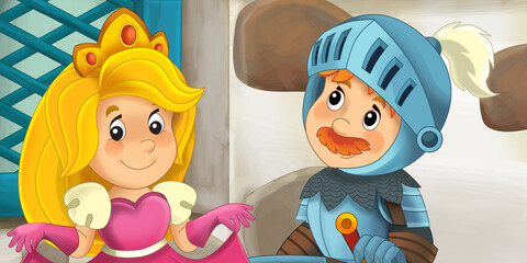 cartoon farm house with happy knight and princess