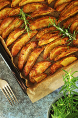 A tray with potatoes backed in oven
