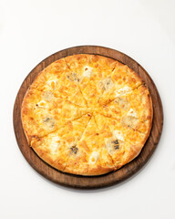 Classic italian pizza isolated on white background. Whole cheese pizza on round cutting board. Nutrition dinner or lunch. Junk Food concept. Vegan or vegetarian Dish. Online food delivery.