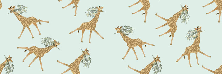 Beautiful tropical vintage seamless pattern with palm leaves in the mouth giraffe funny floral seamless summer pattern isolated on white background. Exotic jungle wallpaper.