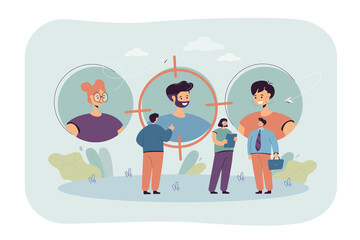 Business people finding job candidates. Looking for employees with talent flat vector illustration. Target audience, human resources concept for banner, website design or landing web page
