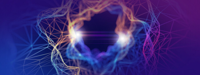 Abstract technology background with blue and purple wireframe. 