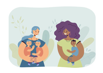 Women with children talking together. Mothers from different countries holding babies flat vector illustration. International communication, family, parenting concept for banner, website design