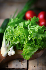 Set of greens on a wooden board. Green onions, salad, vegetables. Healthy diet. Salad products.