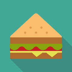 Sandwich Vector Icon in Flat Style. A sandwich is a food typically consisting of vegetables, cheese, meat, placed on or between slices of bread. Vector illustration icon for app, web, logo
