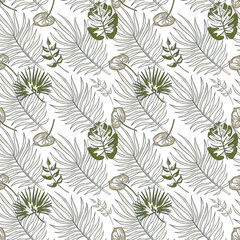 Tropical Leaves Seamless Pattern. Continuous line exotic floral background. Repeated vector illustrations for backdrop, wrapping paper, fabric, textile, web, wallpaper and texture