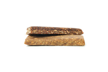 Tasty protein bars isolated on white background