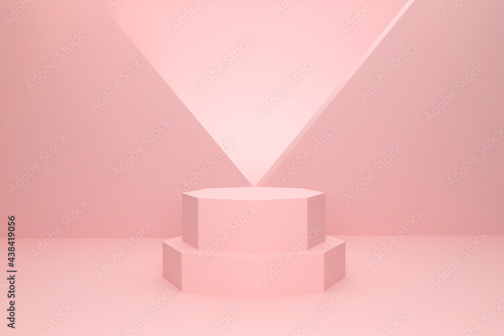 Poster 3d rendering. studio pink hexagonal podium for product presentation with a triangular background ove