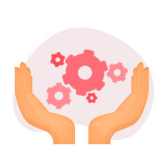 Two hands and gears. The concept of fine-tuned work. Vector.