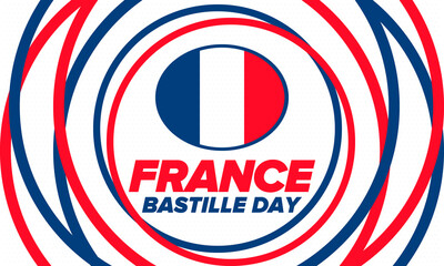 Bastille Day in France. National happy holiday, celebrated annual in July 14. French flag. France independence and freedom. Patriotic elements. Festive design. Vector poster illustration