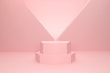 3D rendering. Studio pink hexagonal podium for product presentation with a triangular background overlapping