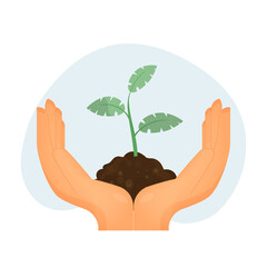 Green plant sustainability illustration and environmental problem symbol with hands holding tiny plants. Isolated, vector illustration.