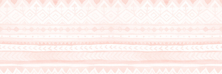 Striped coral pink ethnic horizontal banner with watercolor ornament. Hand-painted abstract backdrop.