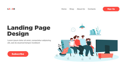 Cartoon family watching TV at home in living room together. Flat vector illustration. Happy man and woman with kids relaxing on couch, enjoying movie at home. Entertainment, technology, family concept