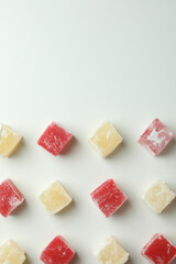 Delicious turkish delight on white background, top view