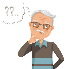 Elderly man thinking looking up and reflecting. Pensive grandfather find successful solution.