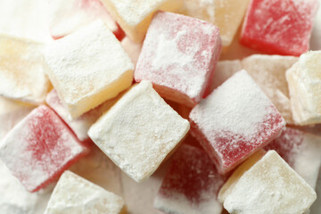 Delicious turkish delight cubes, close up and selective focus