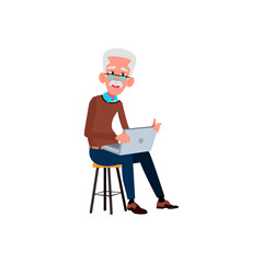 caucasian old man watching movie on laptop cartoon vector. caucasian old man watching movie on laptop character. isolated flat cartoon illustration