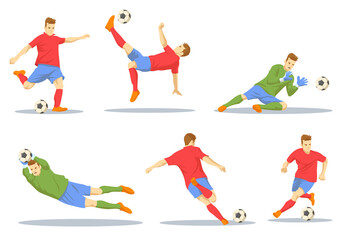 Set of football players in different poses. Cartoon vector illustration. Attacking players and goal-keepers playing football, defending goalposts or scoring goal. Football, sport, action, goal concept - obrazy, fototapety, plakaty