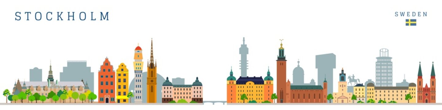 Stockholm City Skyline Landmarks And Monument Buildings Vector Illustration.