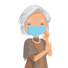 Elderly woman mask. Old woman's face mask cross one's arm. Character of grandny.