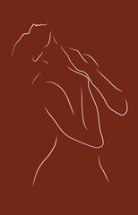 White line woman shillouette succumbs to passion. Line art of feminine nudity and simplicity over brick color background. Minimal and natural concept. Emotional expression with arms over neckline.  - 438420454